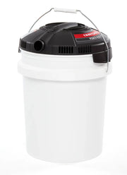Photo of Craftsman wet/dry vacuum CMXEVBE17678 with black lid, white bucket, side angle, on white background.