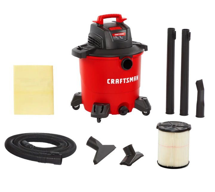 Front angle photo of Craftsman wet/dry vacuum CMXEVBE18690 with hose, attachments, filter, bag and extension wands.