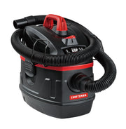 Photo of Craftsman wet/dry vacuum, black and red, with hose wrapped around top, SKU CMXEVCVVFB511, front angle, white background.