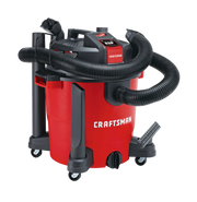 Photo of CRAFTSMAN wet/dry vacuum CMXEVCVVJH1211, red and black, with hose and attachments, front angle.