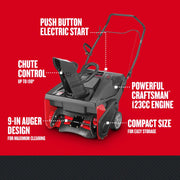 Photo of Craftsman snow blower CMXGBAM1054539, rear angle, with push button electric start, 123cc engine, chute control, 9-inch auger.