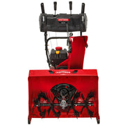 Front view of Craftsman red snow blower with dual augers, control panel, and chute, model CMXGBAM213102.