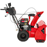 Photo of Craftsman CMXGBAM213102 snow blower, red and black, side view, large wheels and directional chute.