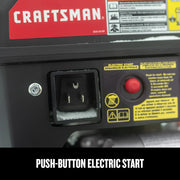 Close-up front angle of Craftsman push-button electric start, with red button and socket, CMXGBAM213102 graphics.
