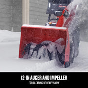 Photo of Craftsman snow blower CMXGBAM213102 clearing heavy snow, close-up on 12-in auger and impeller, outdoor use.