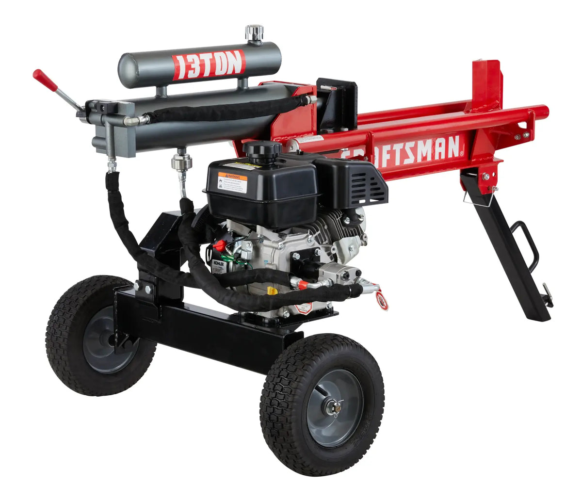 Photo of Craftsman CMXGLXT1301 log splitter, red and black with wheels, 13-ton capacity, side angle on white background.