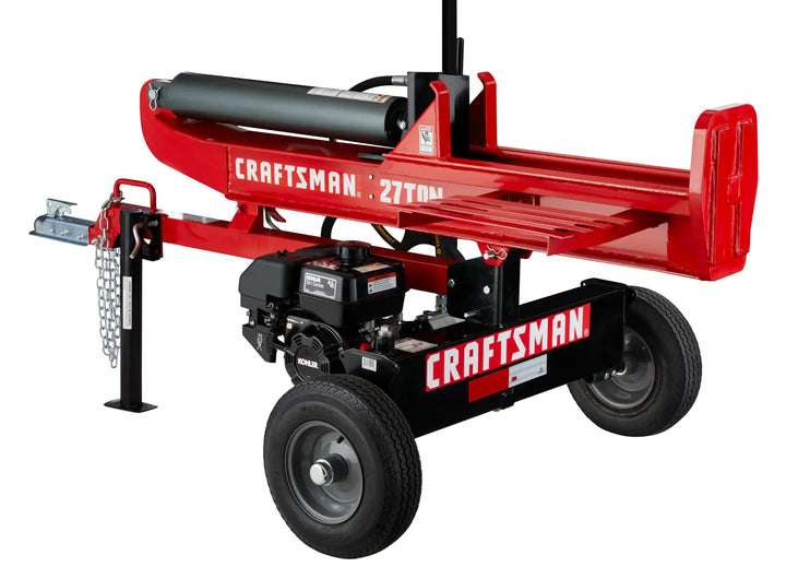 Photo of Craftsman CMXGLXT2700 log splitter, red and black, side angle, with wheels and tow hitch on white background.