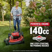 CRAFTSMAN lawn mower CMXGMAM201102 with red body, Briggs & Stratton 140cc engine, in outdoor garden setting.