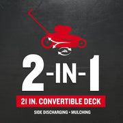 Craftsman graphics CMXGMAM201102 showing 2-in-1 21 in. convertible deck, side discharge and mulching features.