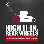 Craftsman lawn mower CMXGMAM201102 graphic showing high 11-inch rear wheels for navigation over rough terrain.