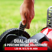 Close-up of a hand adjusting the dual-lever height setting on a CRAFTSMAN lawn mower wheel, with text indicating 6 position
