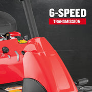 Craftsman CMXGRAM1130035 riding mower detail photo showing red body, black seat, and 6-speed transmission graphic.