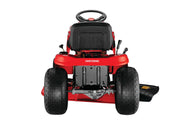 Photo of Craftsman CMXGRAM1130036 red riding lawn mower front view on white background.