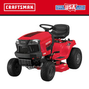 Photo of Craftsman riding lawn mower, model CMXGRAM201302, in red and black, front angle on white background.