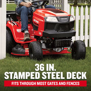 Photo of Craftsman riding lawn mower CMXGRAM201302 passing through a white gate, showing 36 in. stamped steel deck.