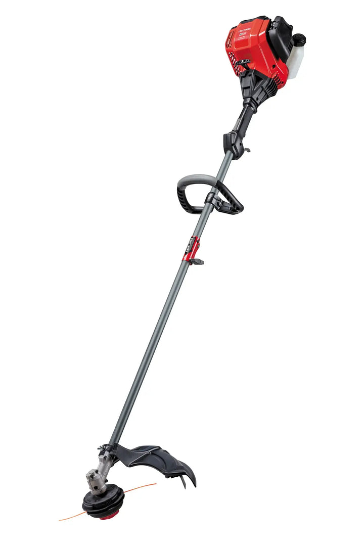 Photo of Craftsman gas string trimmer CMXGTAMDSS30, red and black, side angle on white background.