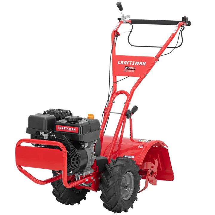 Craftsman rear tine tiller 16-inch white background beauty shot front angled view