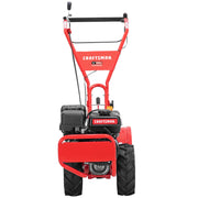 Photo of Craftsman CMXGVAM1144037 rear-tine tiller, red color, front view on white background.