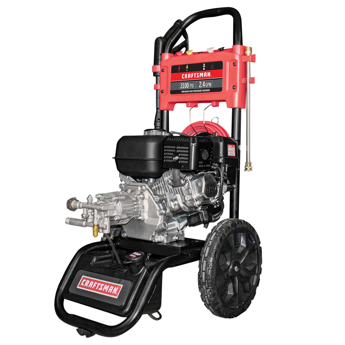 A Craftsman 3100 PSI gas-powered pressure washer with a red and black design, large wheels for mobility, and a hose mounted on the back. The machine is suited for outdoor cleaning tasks.