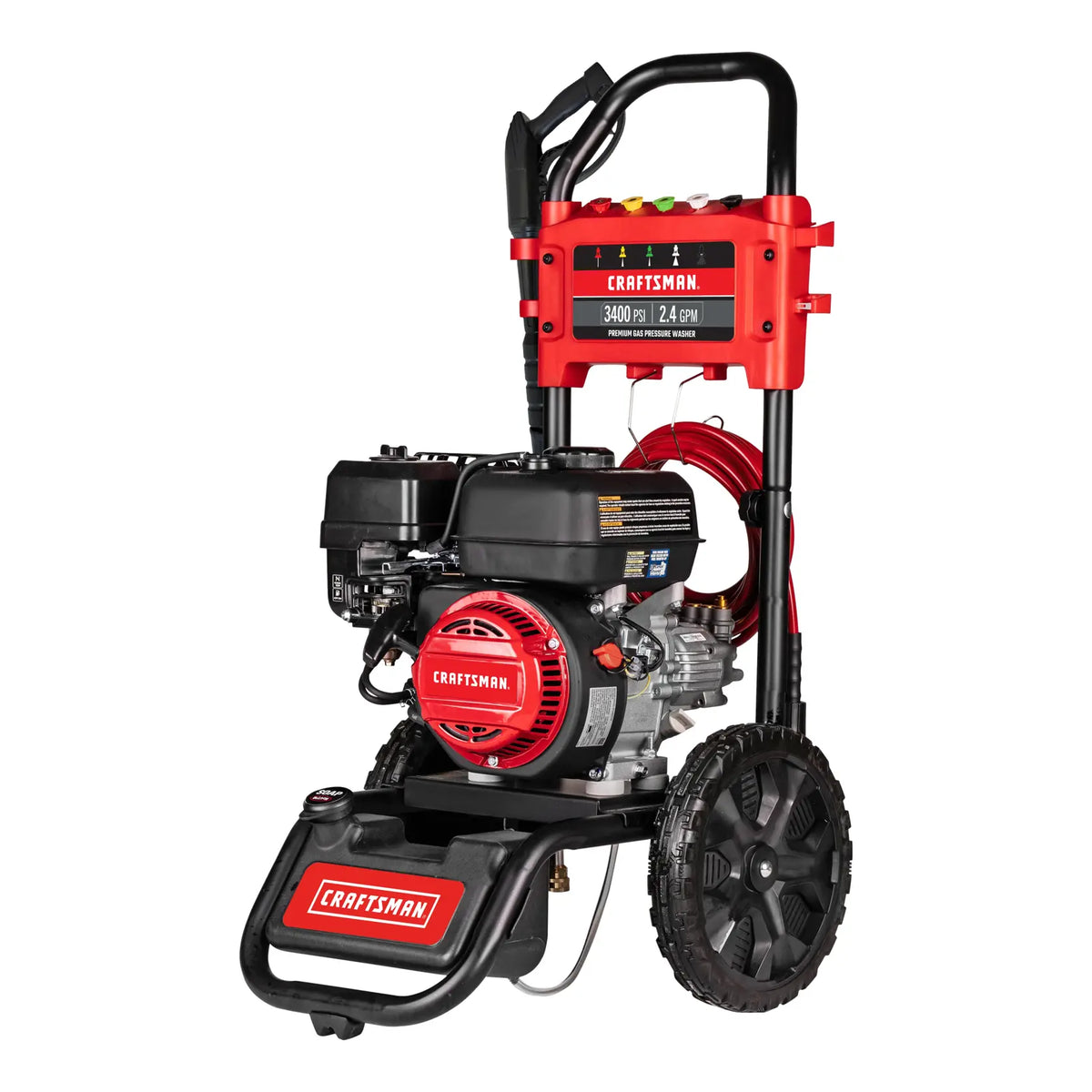 A Craftsman-branded gas-powered pressure washer with 3400 PSI and 2.4 GPM rating, featuring a red and black design, large wheels, hose, and adjustable spray nozzles mounted on the handle.