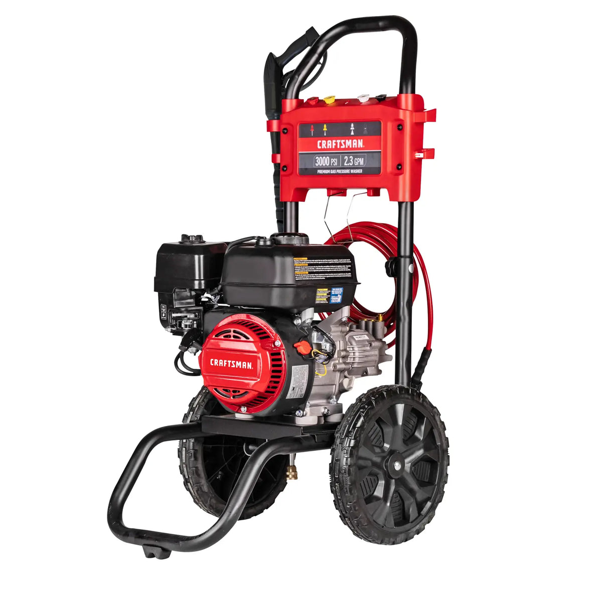 A Craftsman gas-powered pressure washer with a 3000 PSI rating and 2.3 GPM, featuring large black wheels, a red engine cover, hose, and handle with a red storage compartment.