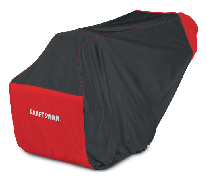 Photo of Craftsman lawn mower cover, red and black, SKU CMXGZAA52001501, side angle on white background.