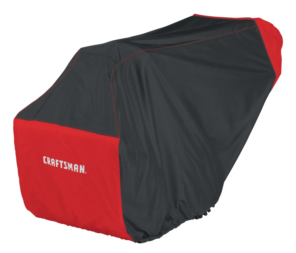 Photo of Craftsman lawn mower cover, SKU CMXGZAA52001601, black and red, angled on white background.