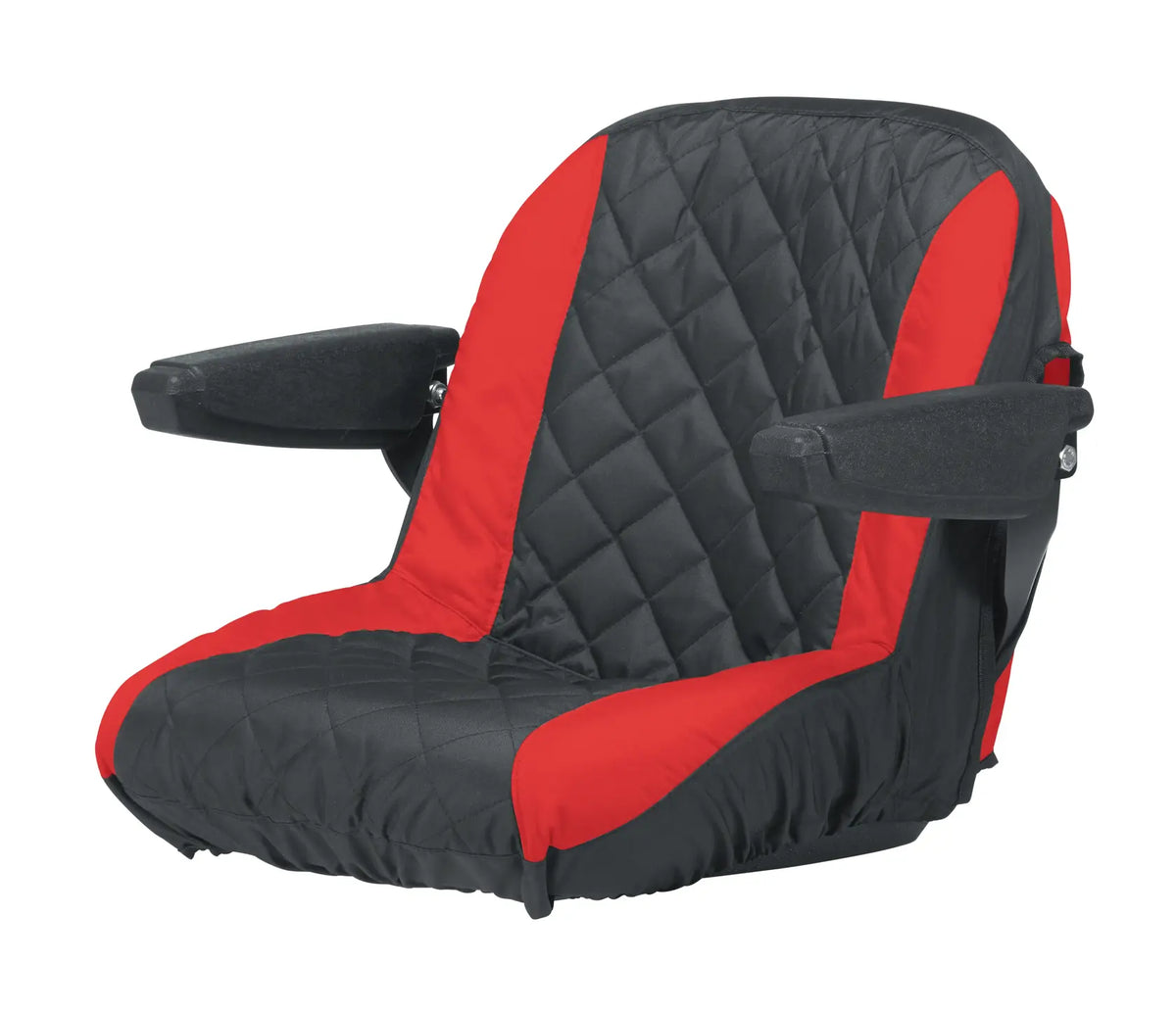 Craftsman seat cover CMXGZAA52002301, black and red quilted fabric, front angle with armrests.