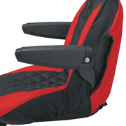 Photo of Craftsman seat cover CMXGZAA52002301, black and red quilted fabric, side angle with armrest.