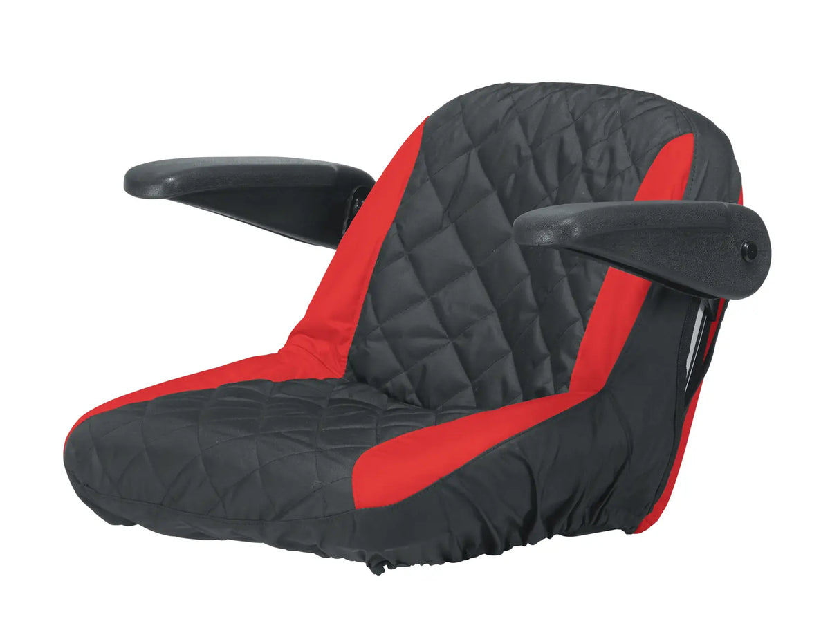 Photo of Craftsman black and red seat cover with armrests, SKU CMXGZAA52002401, front angle, quilting pattern.