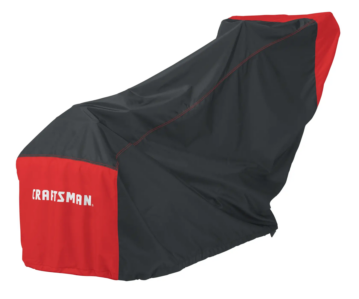 Photo of Craftsman mower cover CMXGZAA52002701, black and red fabric, side angle, white background.