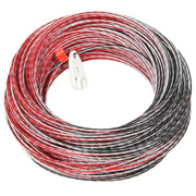 A coil of red, black, and white wire with a small white plastic clip attached to the wire.