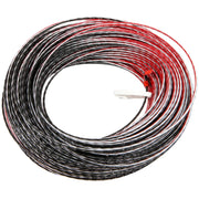 A coiled length of striped wire, featuring black, white, and red colors, with a small white plastic loop for securing the coil. The wire is neatly wound and designed for electrical or audio applications.