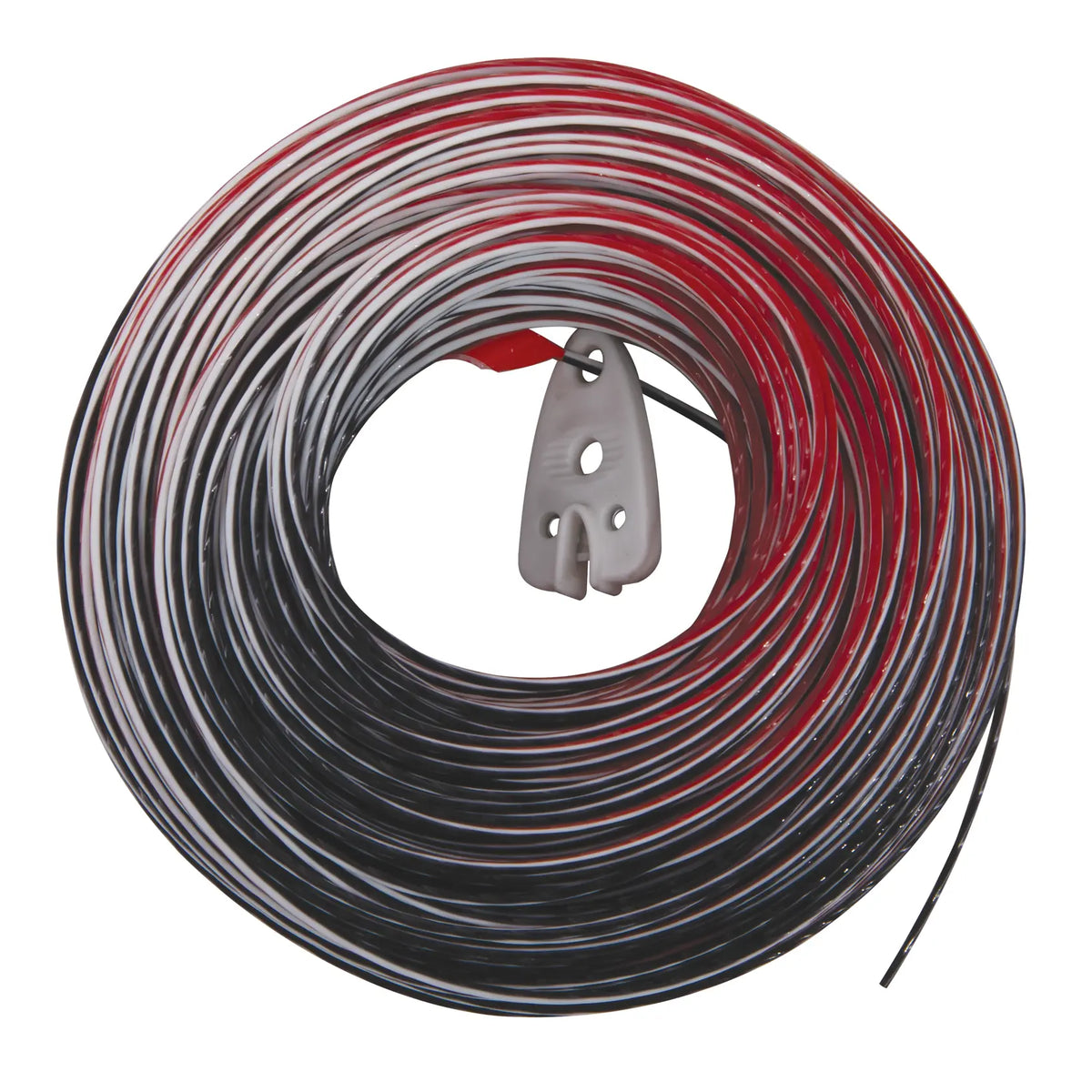 Craftsman fishing tape coiled, red and black wire, white background beauty shot, top view