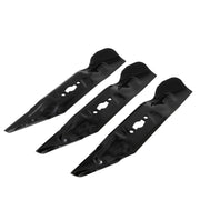 Photo of three black Craftsman mower blades, SKU CMXGZAM110193, side angle on white background.