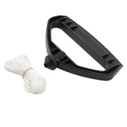 A coiled white rope secured with a rubber band next to a black plastic handle with an opening for threading the rope, photographed on a white background.