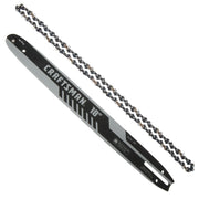 Photo of Craftsman chainsaw bar and chain, 18 inch, black and silver, SKU CMXGZAM700127, front angle.