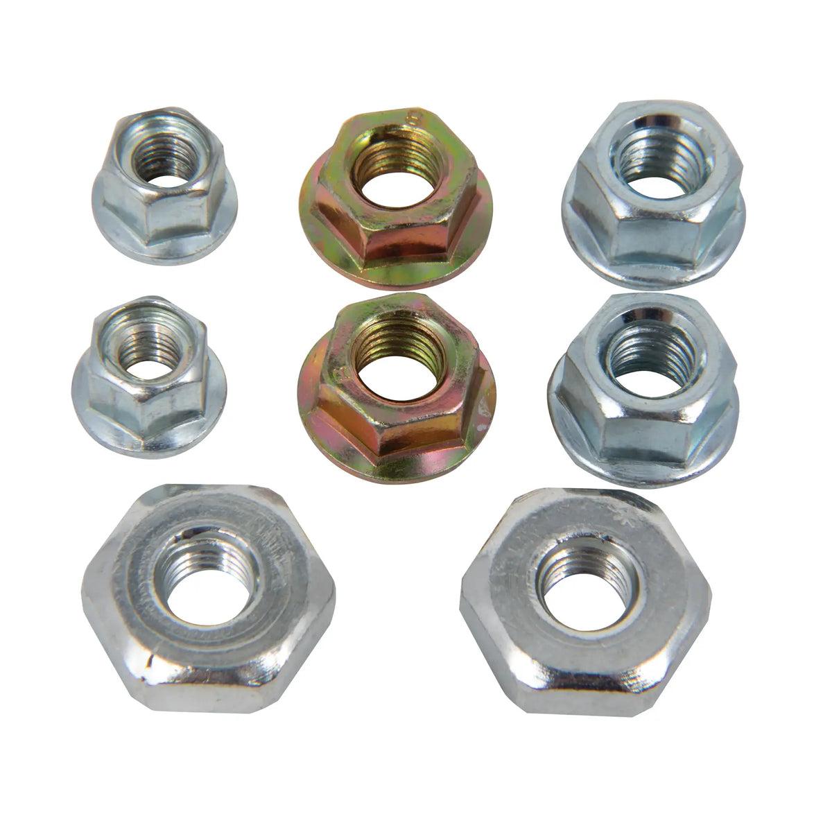 Photo of CRAFTSMAN assorted hex nuts CMXGZAM700131, various sizes, silver and gold, front angle, on white background.