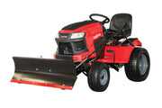 Front angle photo of Craftsman CMXGZBF7124441 red riding lawn mower with front blade attachment.