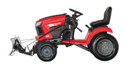 Photo of Craftsman riding lawn mower with front blade, SKU CMXGZBF7124441, side angle on white background.