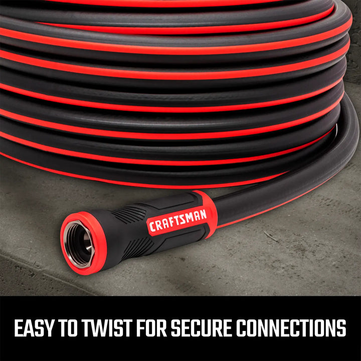 Craftsman garden hose CMXMHBB16515, black with red accents, coiled on concrete, close-up of connector.