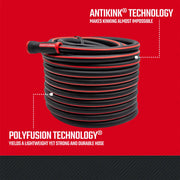 Photo of CRAFTSMAN garden hose CMXMHBB16515, black with red stripes, coiled, showing antikink and polyfusion technology.