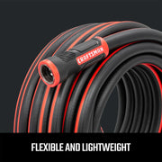 Photo of Craftsman black and red garden hose with connector, SKU CMXMHBB16515, coiled close-up.