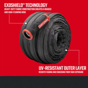 Photo of Craftsman hose CMXMHBB16549, black fabric, UV-resistant, rolled with branded red-black connector.