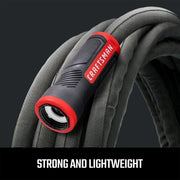 Craftsman hose CMXMHBB16549 with black and red connector, coiled gray fabric, close-up photo.