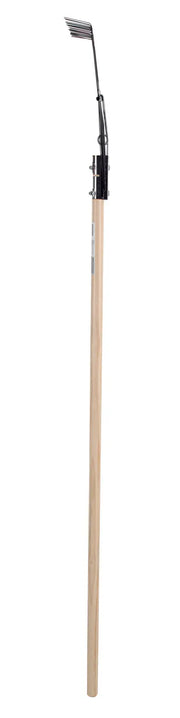 A garden tool with a long wooden handle and a small metal rake head attached at an angle at the top, designed for use in gardening or landscaping.