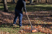 Photo of person raking fall leaves with a CRAFTSMAN lawn rake, SKU CMXMLTP35316, in a backyard setting.