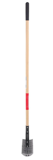 A long-handled gardening tool with a wooden shaft, black grip at the top, and a metal serrated blade at the bottom. The blade is designed for cutting and digging in soil.