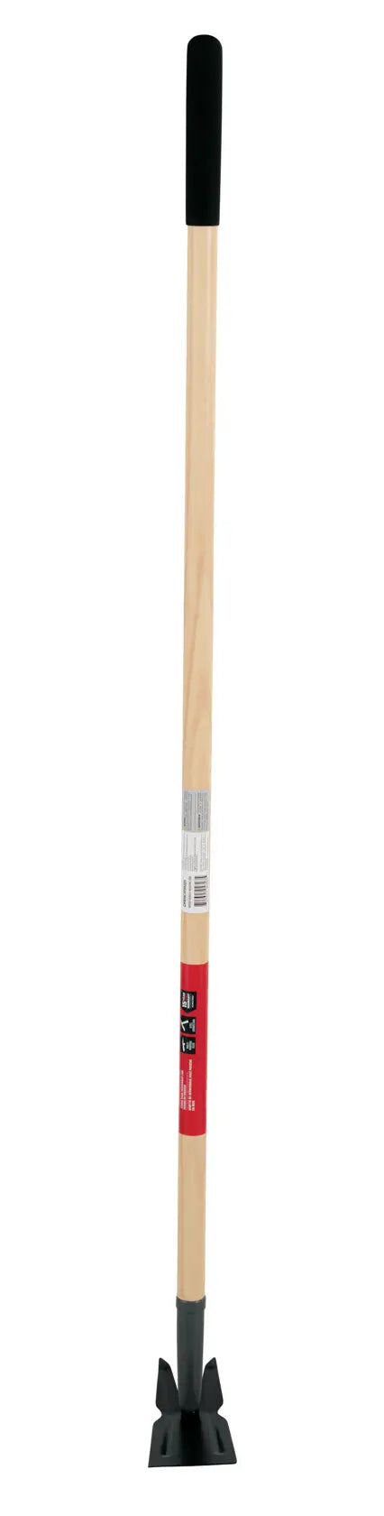 A long-handled tamper tool with a wooden shaft, black grip at the top, and a flat black metal base for compacting soil or gravel.