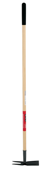 A garden hoe with a long wooden handle and a metal head featuring both a flat blade and two prongs, used for digging and cultivating soil.